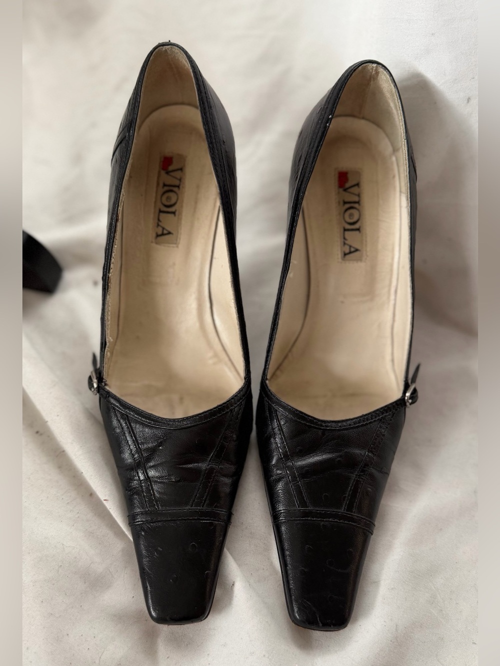 Vintage Italian Vero Cuoio Black Leather Square-Toe Pumps with Side Strap